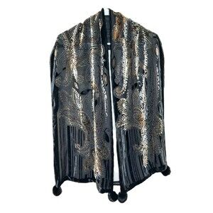 Adrienne Vittadini Scarf Black 13.5" X 62" Burnout Faux Fur Pom Poms Silk Velvet